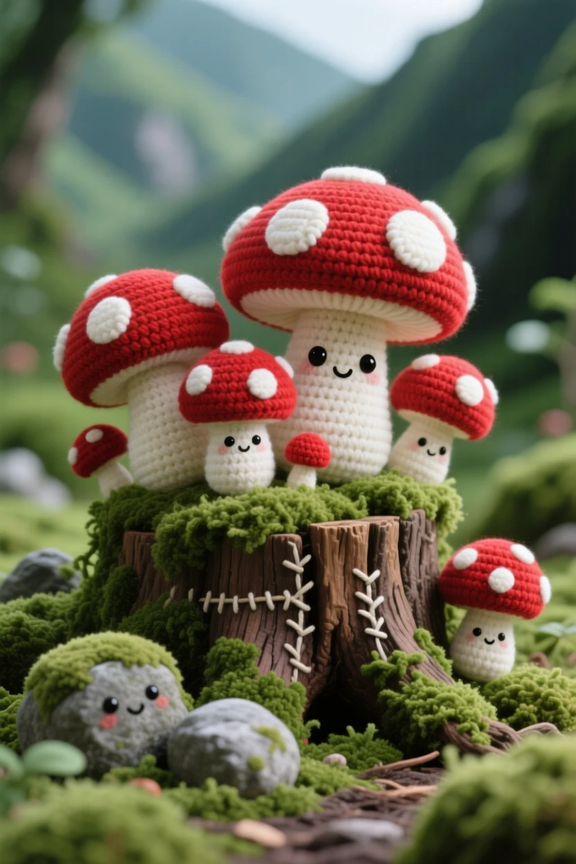 A tranquil view of a cluster of red-and-white mushrooms, growing beside an old tree stump, nestled among soft green moss, nestled within a quiet, secluded valley, with a cluster of soft mossy rocks, evoking calm, restorative stillness.