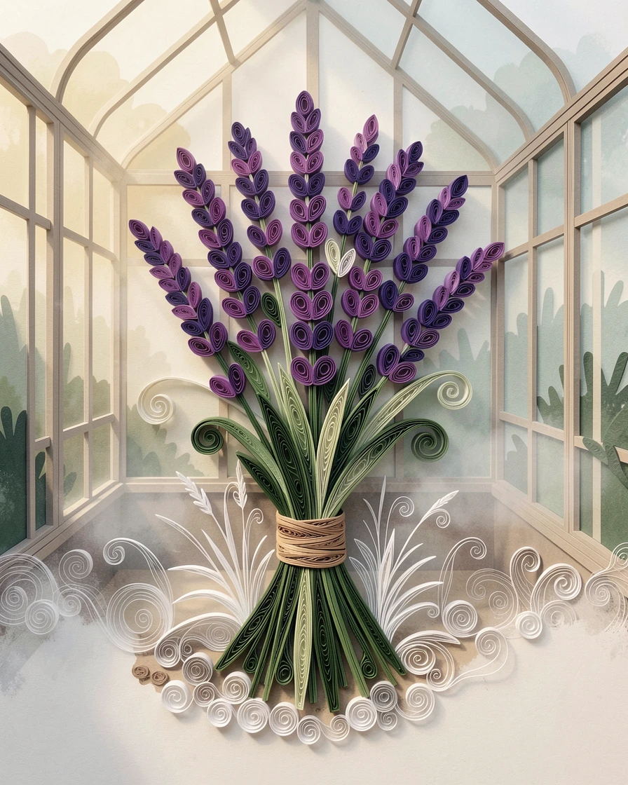 a bundle of lavender stems tied together, in a greenhouse filled with soft filtered light, arranged with a single stem as the clear focal point, under a light mist rising from the ground.