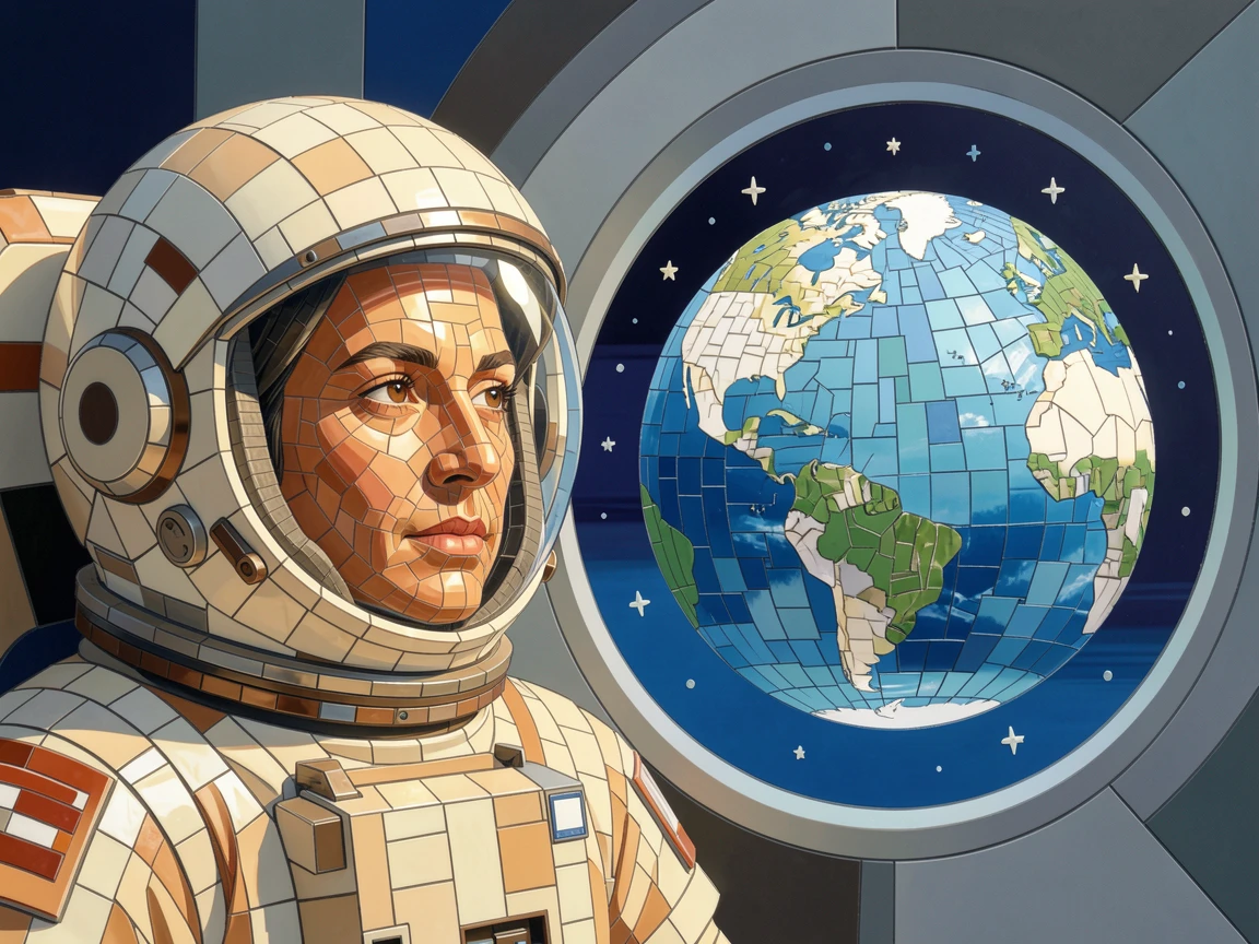 A warm, expressive portrait of an astronaut gazing at Earth through a spacecraft window, with soft natural lighting and rich emotional detail.