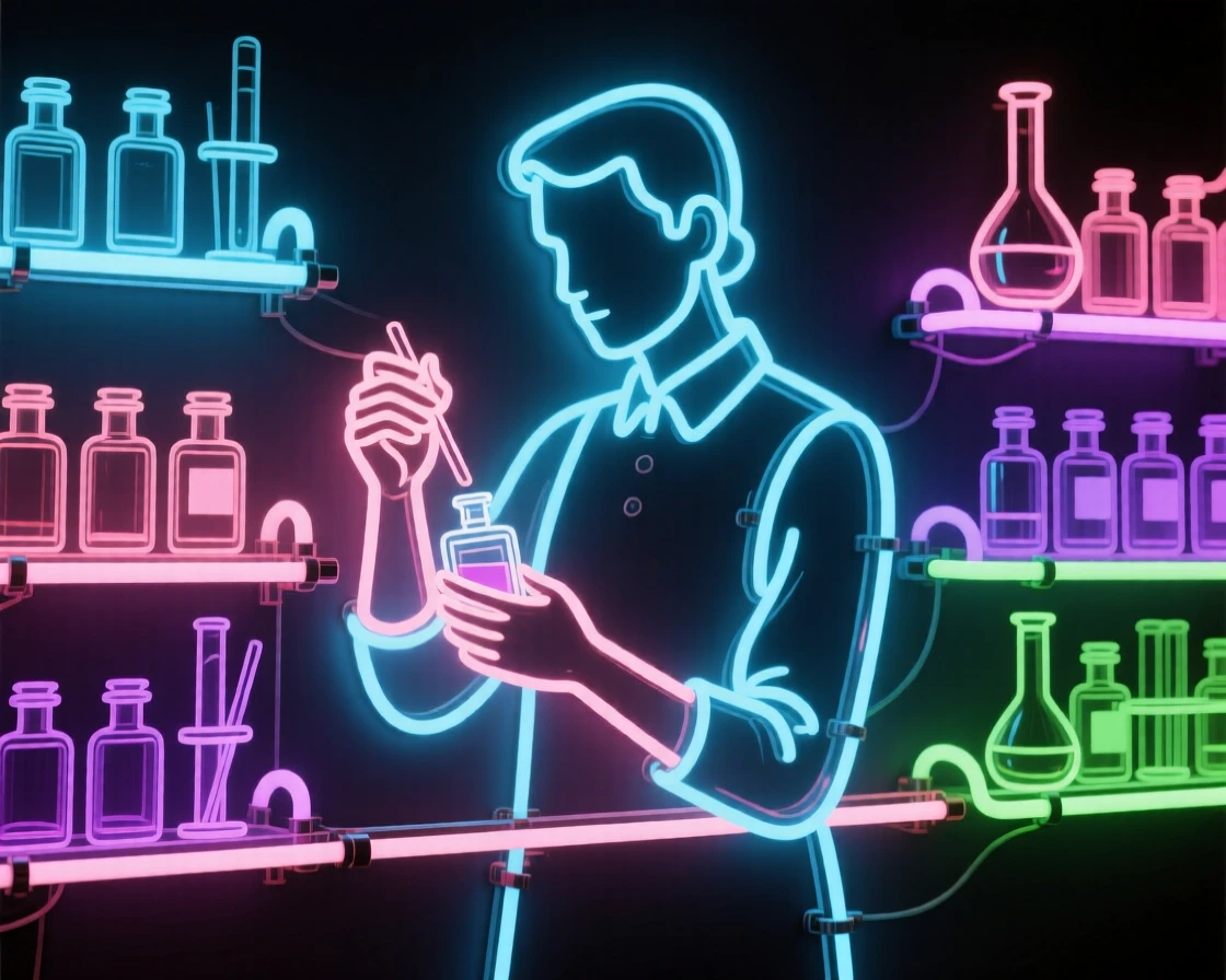 A perfumer blending scents among rows of glass bottles.