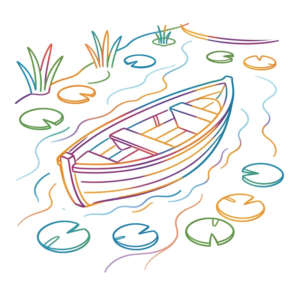A rowboat drifting lazily down a lily-pad-covered river.