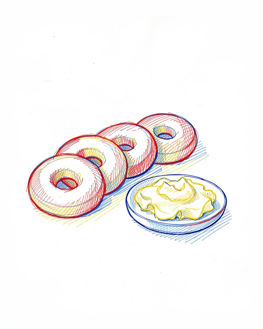 A row of fresh baked bagels beside a spread of cream cheese