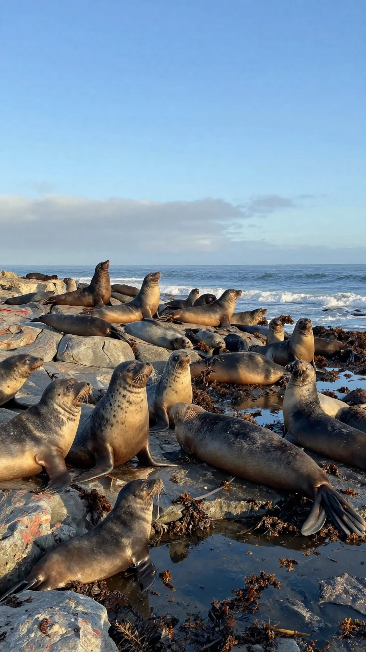 A colony of seals basking on a rocky shoreline