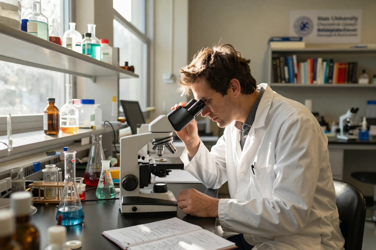 A scientist peers through a microscope in a sunlit university laboratory.