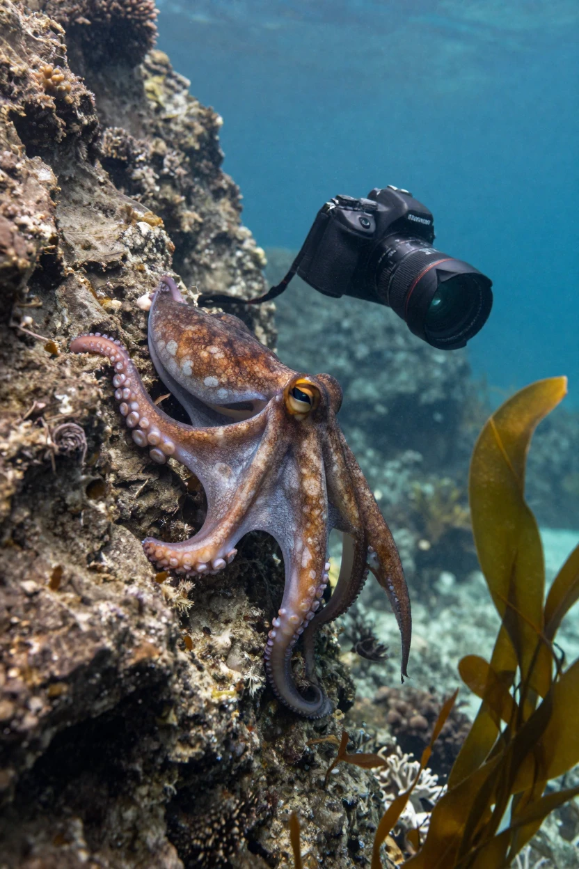 A curious octopus drifting quietly along a rocky underwater cliff