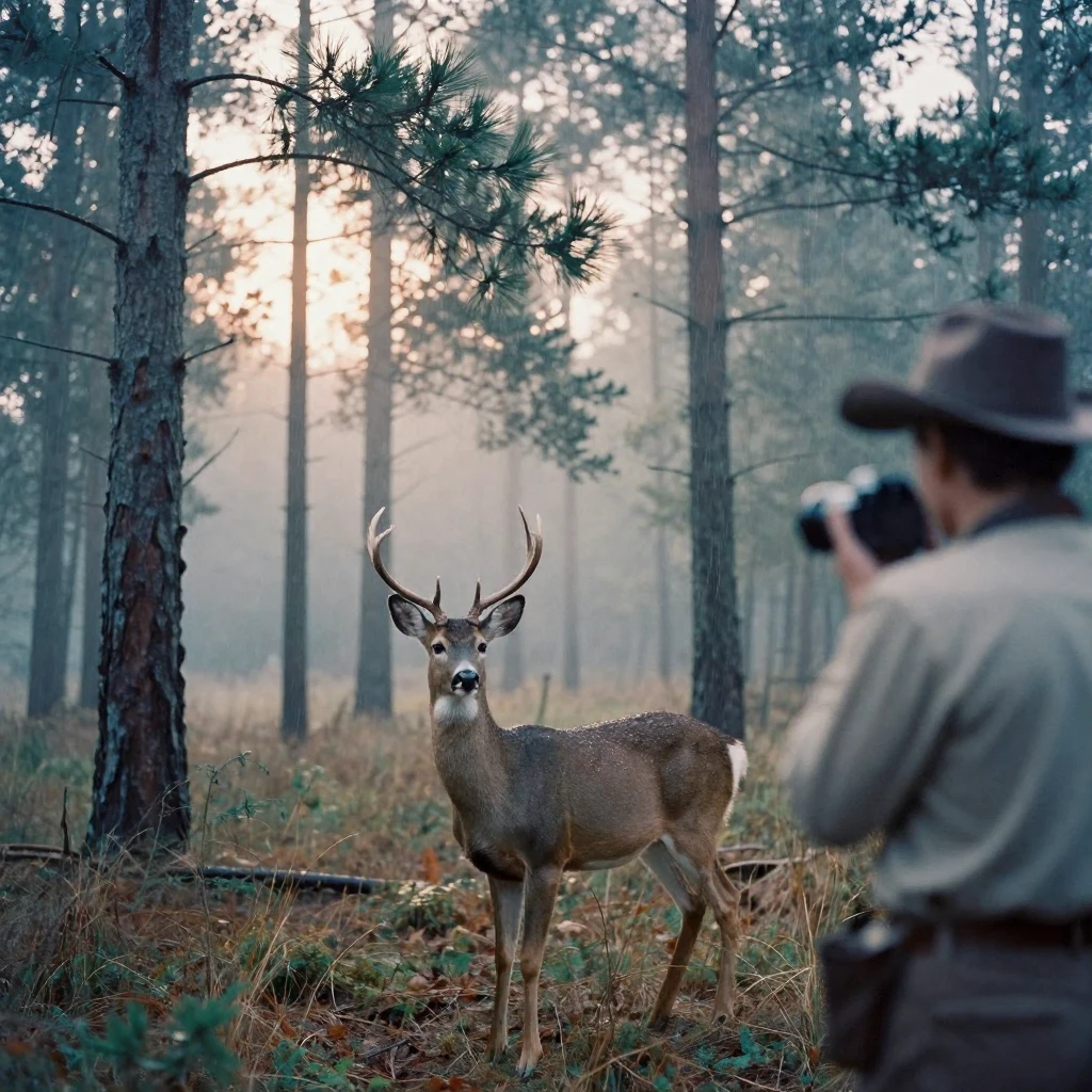 A deer standing motionless among tall pine trees, in warm morning light, under a light drizzle, in the mild days of early autumn, in cool blues and silvery greys, over the shoulder of the main subject.