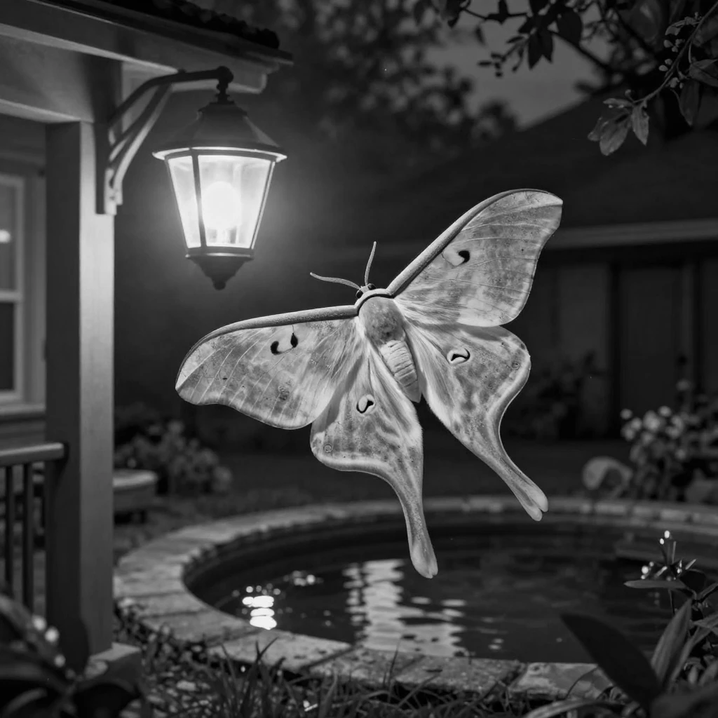 A luna moth flutters near a porch light at night beside a quiet garden pond.