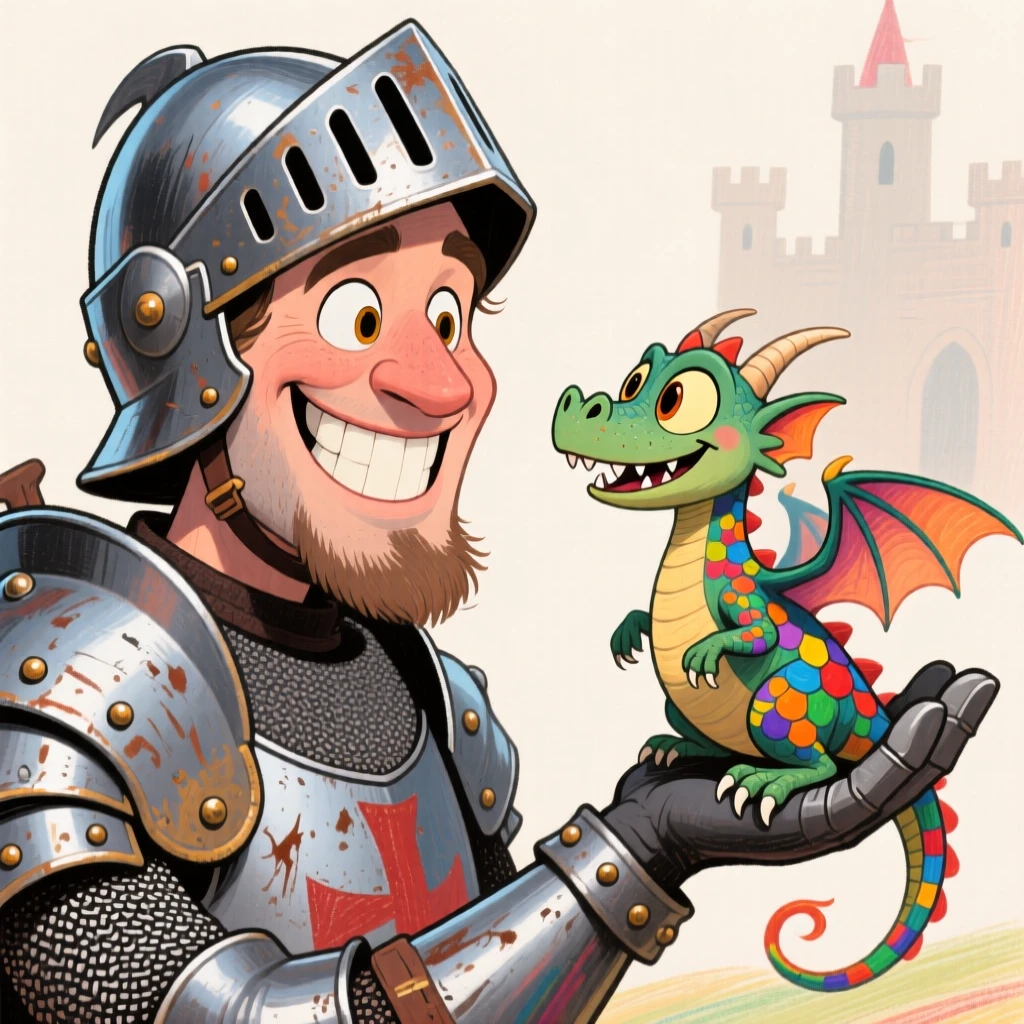 A brave knight befriending a tiny dragon instead of slaying it.