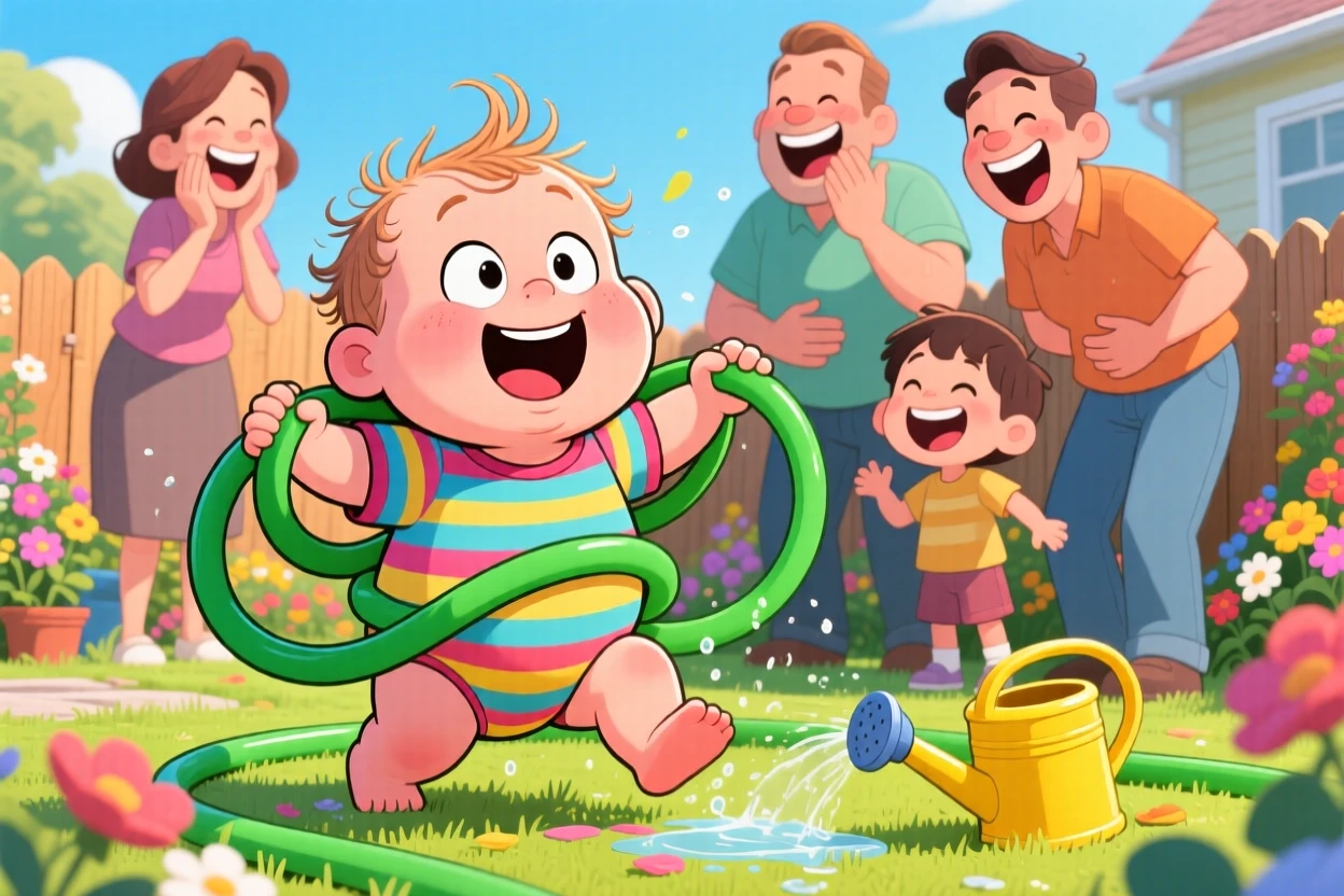A funny expressive moment showing a toddler getting tangled up in a garden hose, as everyone around them bursts into laughter.