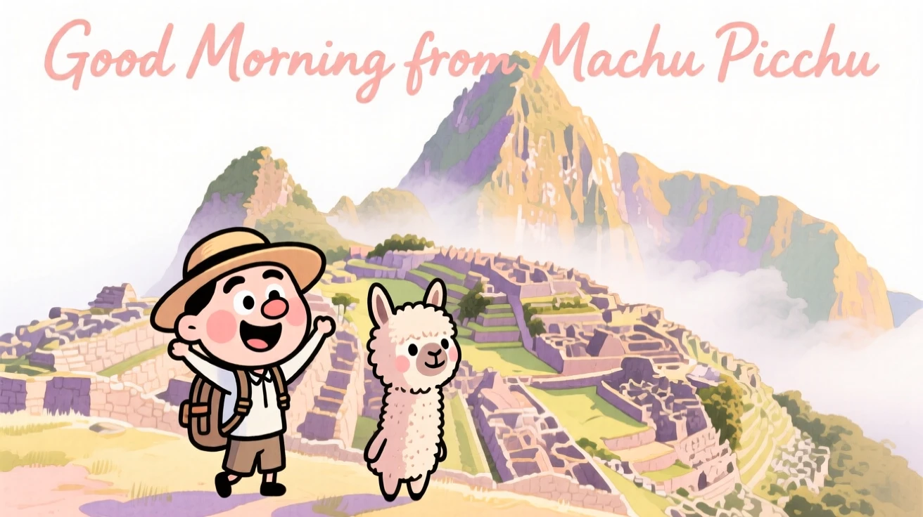 A dreamy travel postcard scene of Machu Picchu wrapped in morning mist bathed in warm morning light