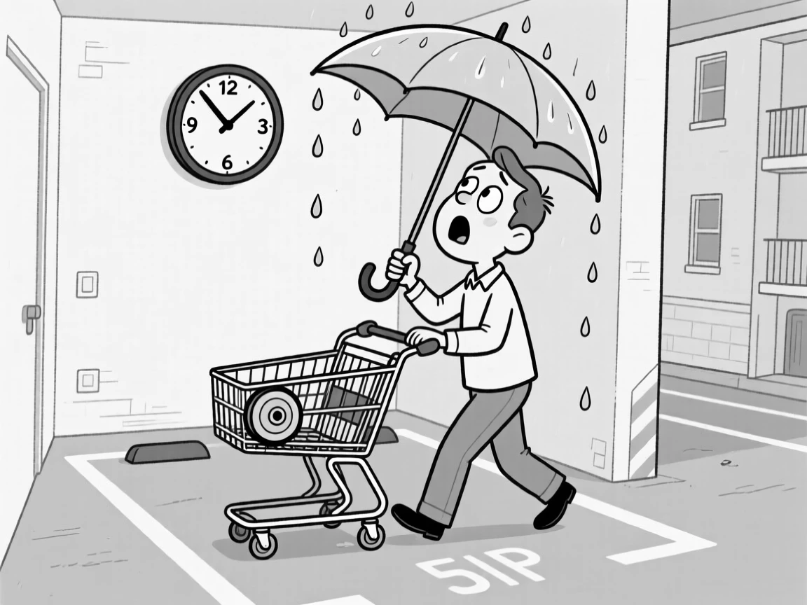 A shopper wheeling a cart with one comically squeaky wheel, checking the clock with wide, panicked eyes, set in a tight apartment parking spot. Raindrops drip steadily from a bent umbrella rib. It's the kind of relatable blunder everyone secretly recognizes.