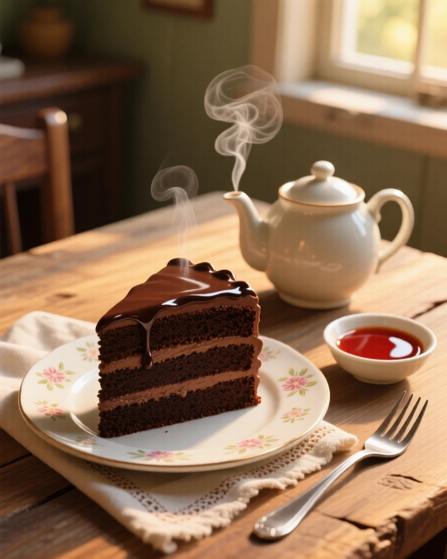 A slice of rich chocolate layer cake sits on a tray beside a steaming teapot, beside a small dish of dipping sauce. The scene feels inviting, warm, and delicious.