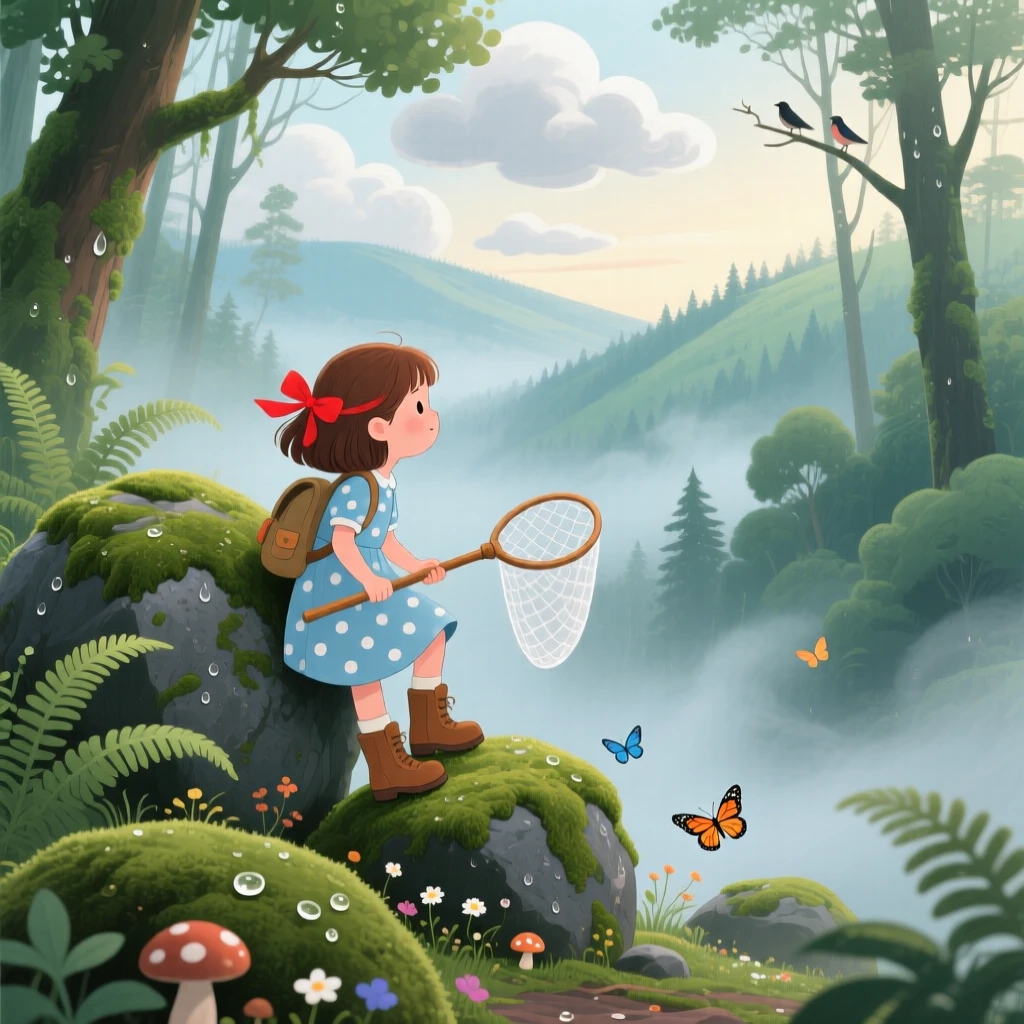 A girl with a butterfly net pauses while climbing over mossy boulders in a foggy morning woodland, as clouds cast slow shadows across the hills.