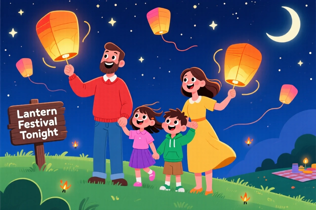 A family releasing paper lanterns into the night sky together.