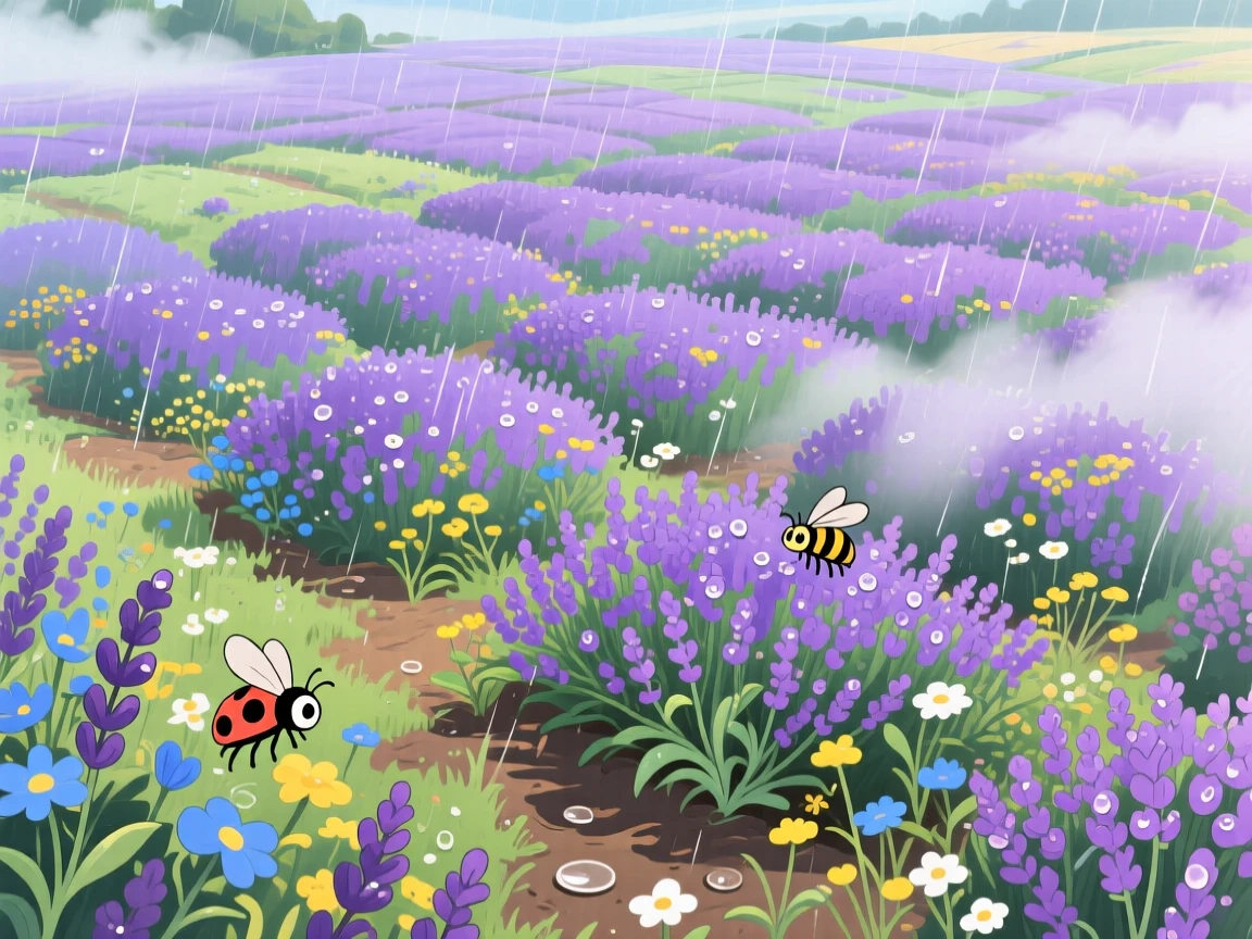 A breathtaking view of a lavender field in full bloom, with wildflowers swaying gently in the breeze, just after a rain shower, shown from directly above like a patchwork quilt.
