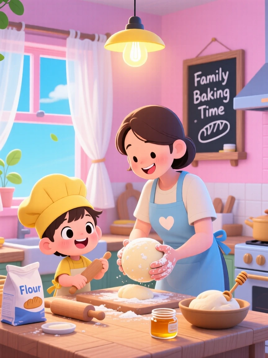 A parent and child baking bread together in the kitchen in a warm cozy kitchen during a light summer breeze; neon-lit glow washes over the scene as playful mischief fills the moment. Medium shot.