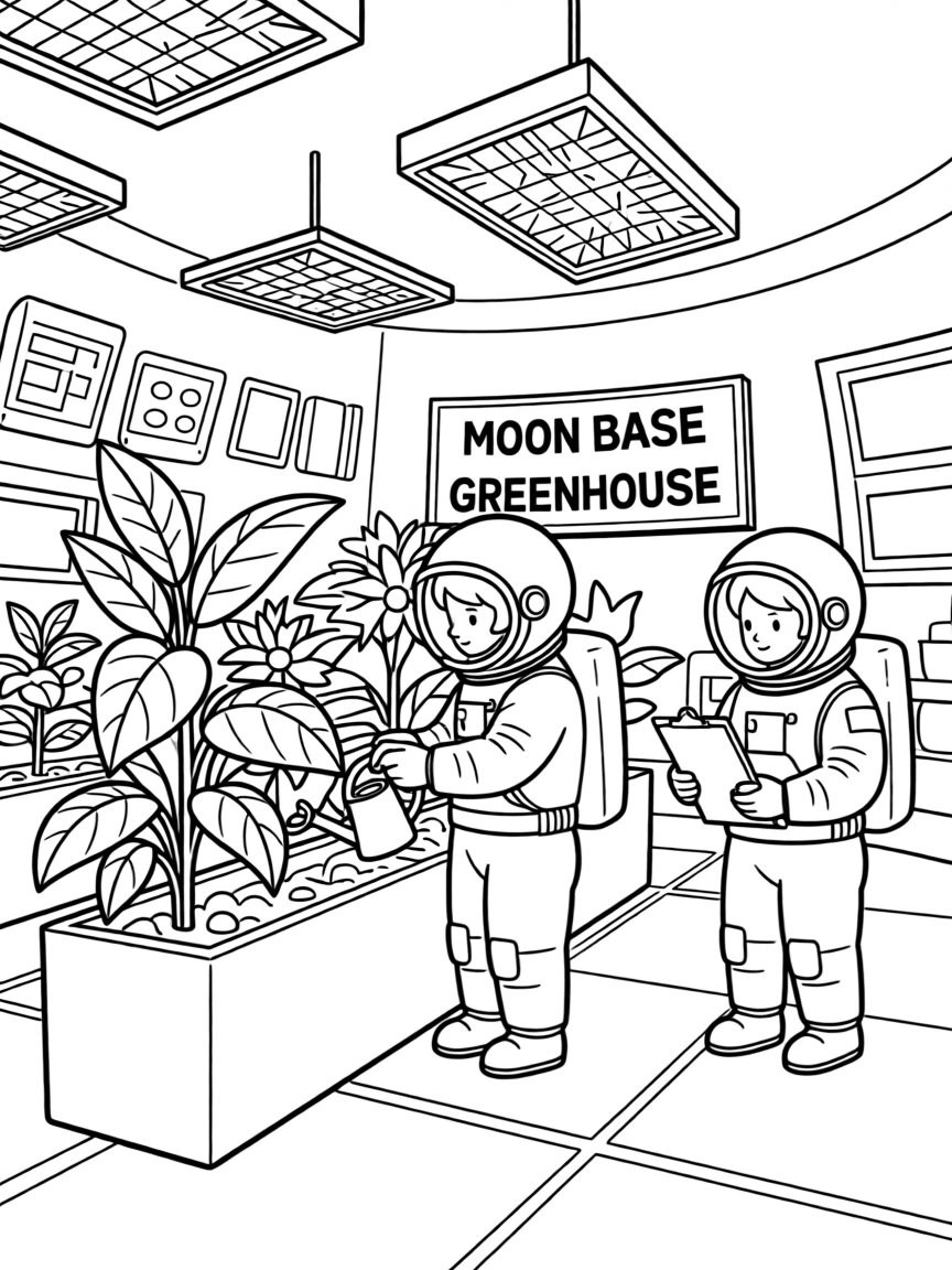 A moon base with astronauts growing plants under bright lights