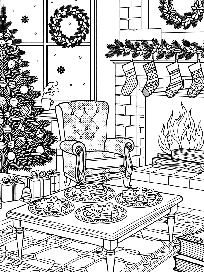 A cozy Christmas Eve scene with cookies left out and a crackling fire.
