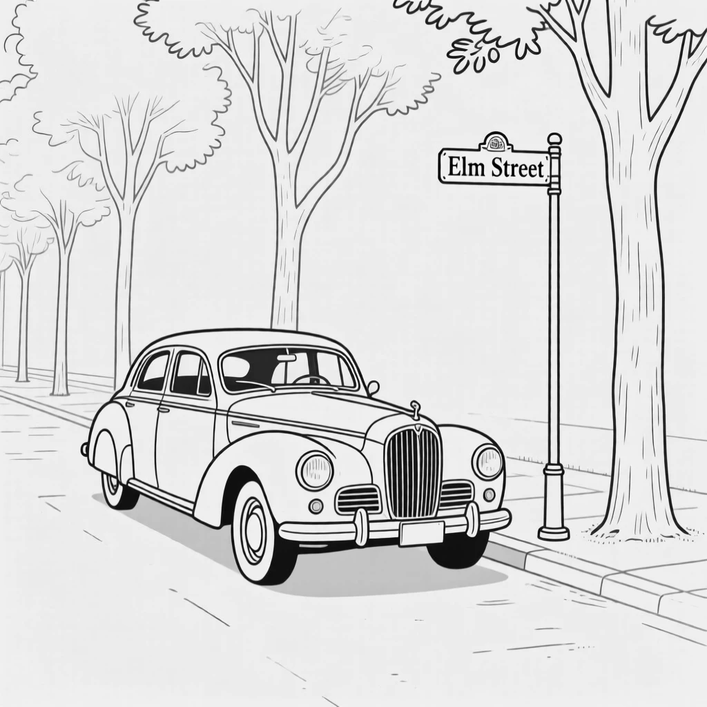 A vintage car parked along a tree-lined street