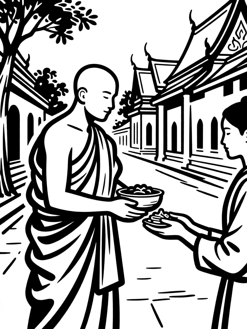 A traditional Thai monk receiving morning alms along a quiet temple street.