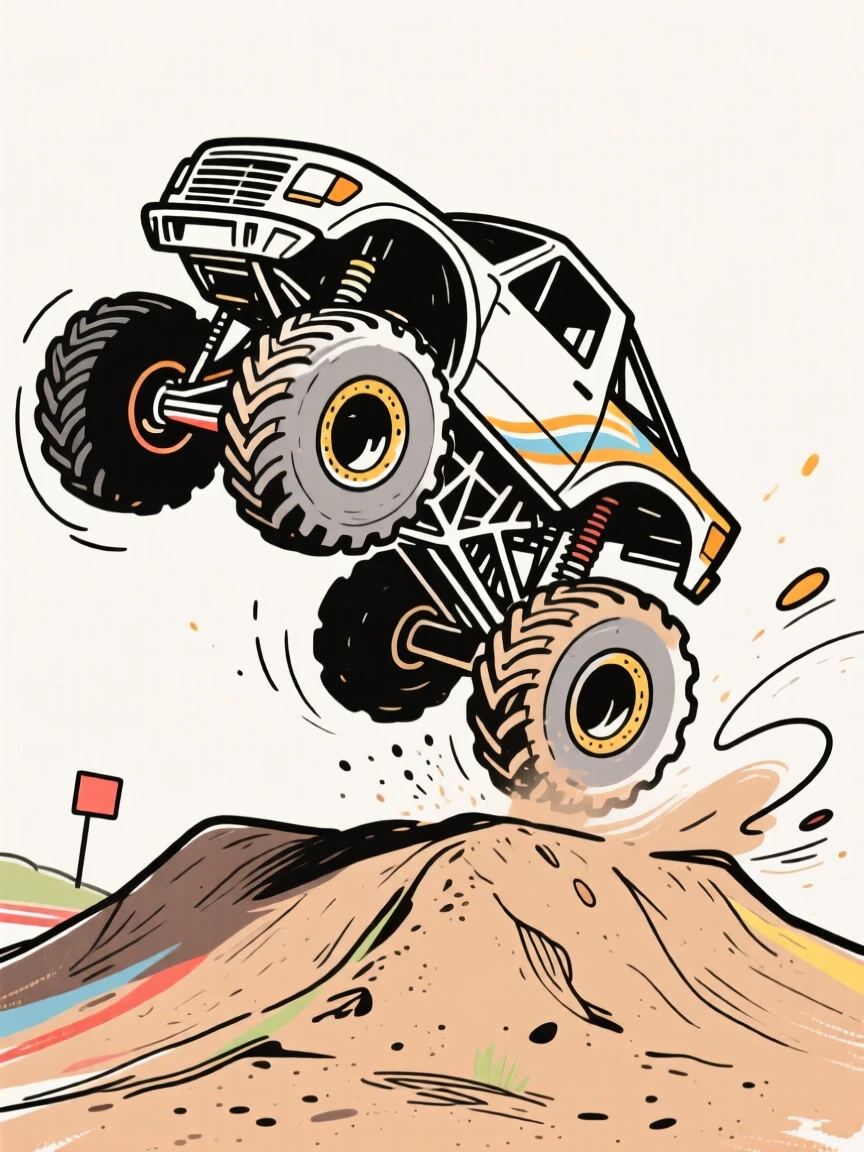 A rugged monster truck launching over a dirt hill at a rally.