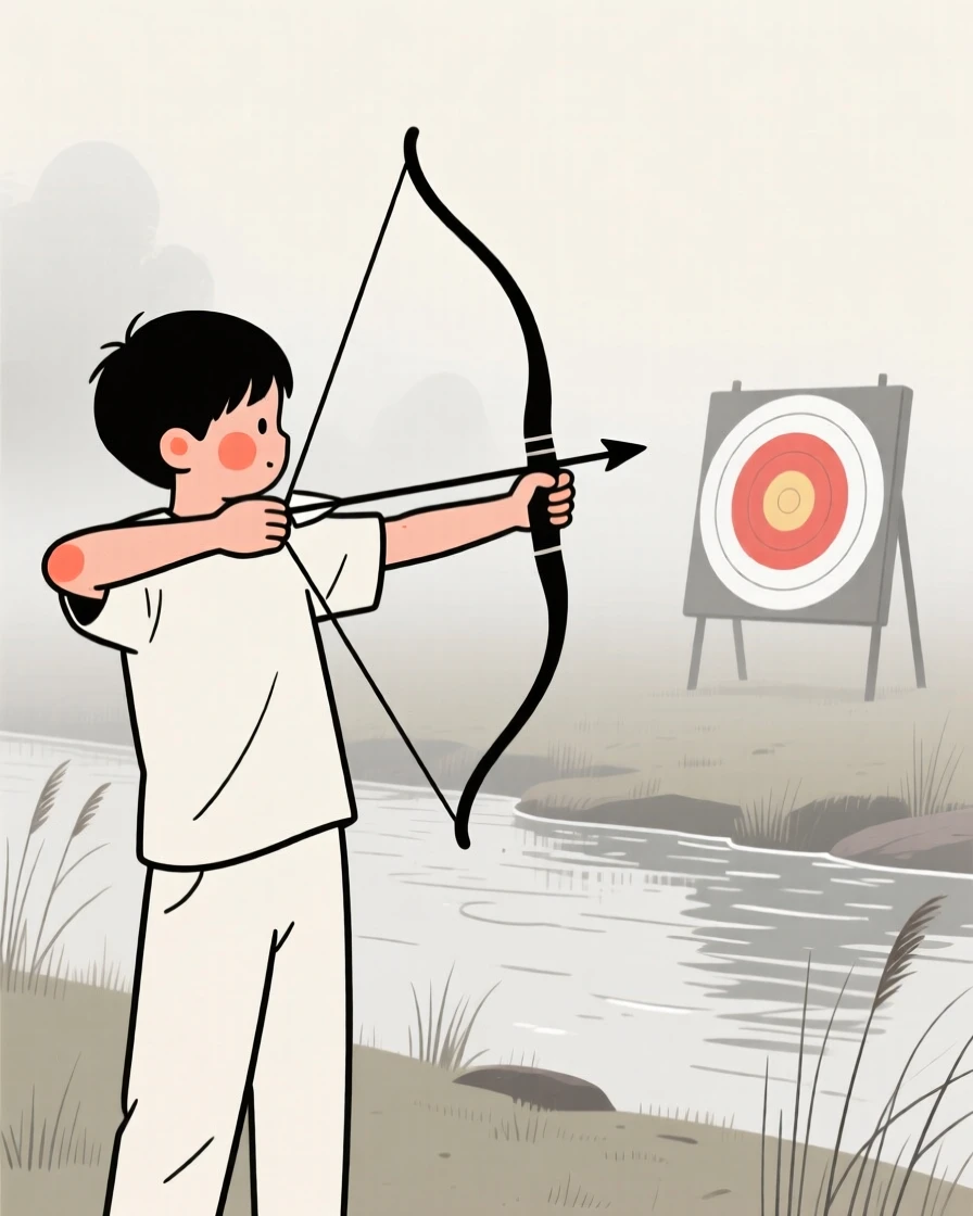 A young boy practicing archery at an outdoor range, on a misty riverbank.