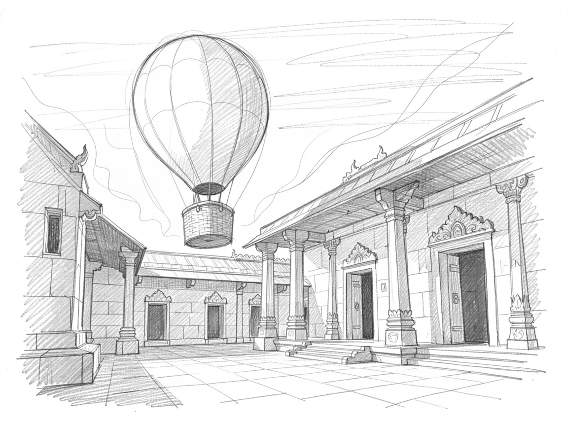 A colorful hot air balloon rising at sunrise, beside a sacred temple courtyard, with the aroma of spices filling the air.