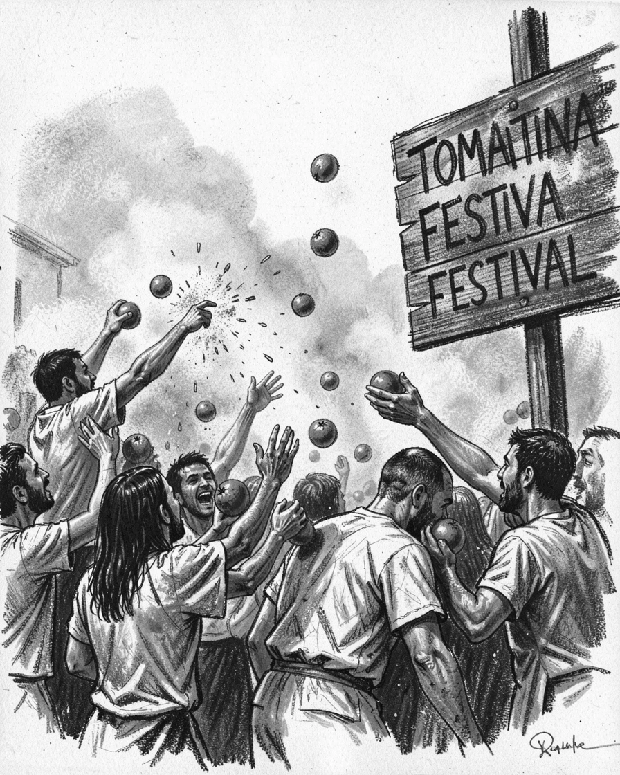 A traditional Spanish tomatina festival, with a gentle mist rolling through the background.