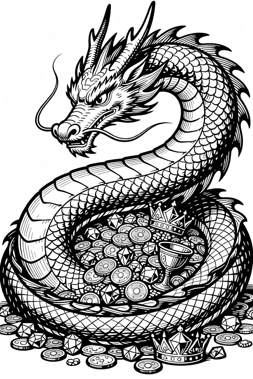 A dragon curled protectively around a hoard of glittering treasure.