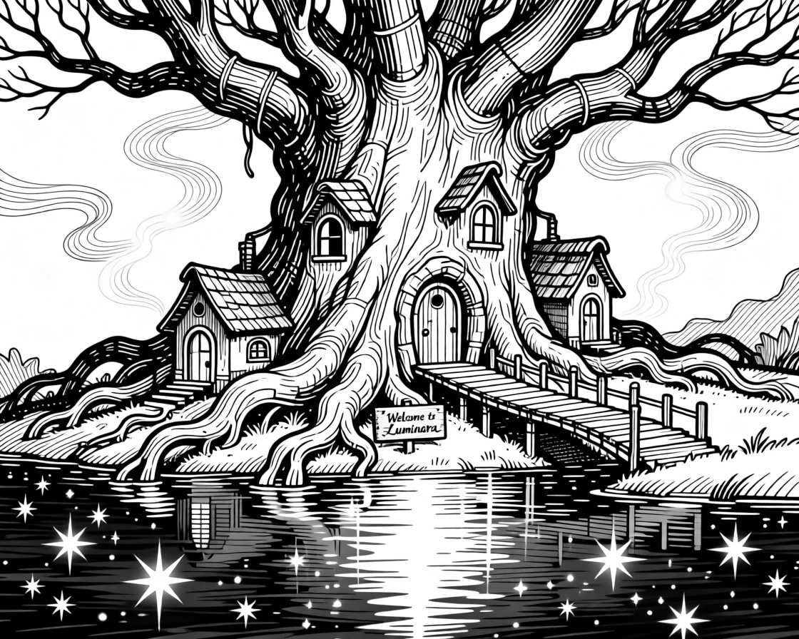 A hidden fairy village nestled in tree roots on the shore of a lake reflecting the stars, with wisps of magical light drifting through the air, forming a mysterious and enchanting fantasy scene.