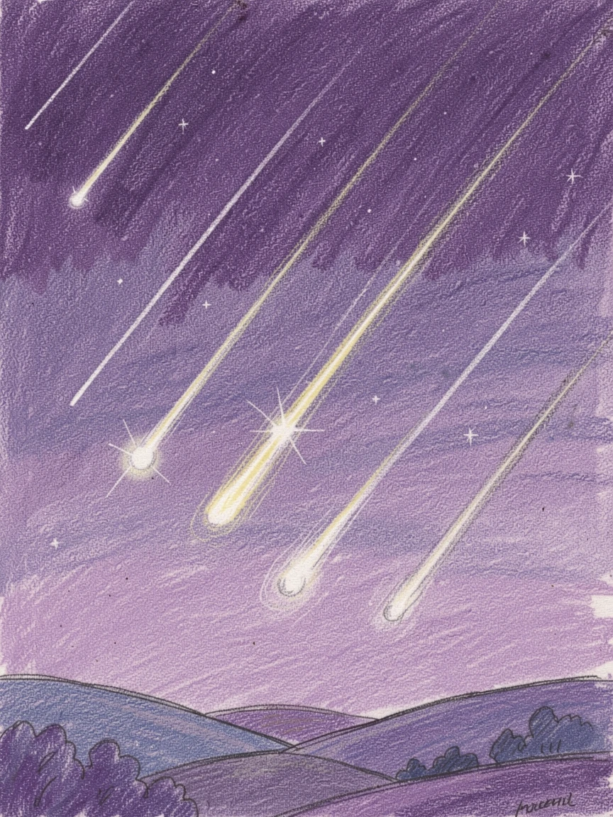 A meteor shower streaking across a deep purple night sky, captured in a quiet, intimate moment full of atmosphere, designed to feel inviting, memorable, and shareable.