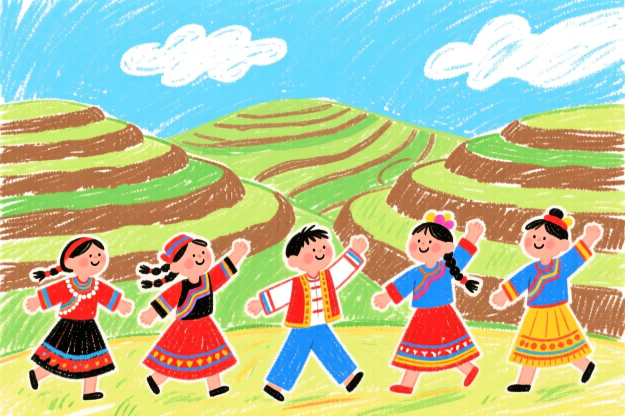 A group of traditional dancers set against a backdrop of terraced hills.