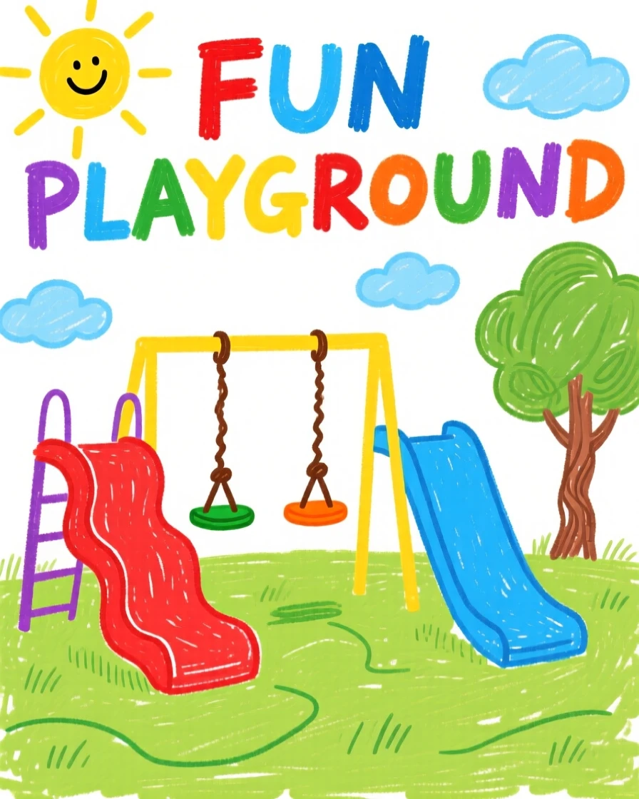 A colorful playground with slides and swings.