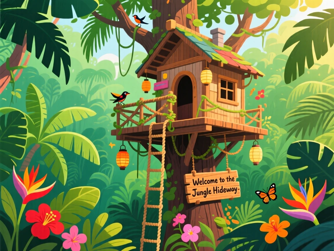 A tropical jungle treehouse overlooking a lush canopy, surrounded by a lively, colorful atmosphere, composed with a postcard-worthy balanced perspective, with a joyful, adventurous atmosphere.