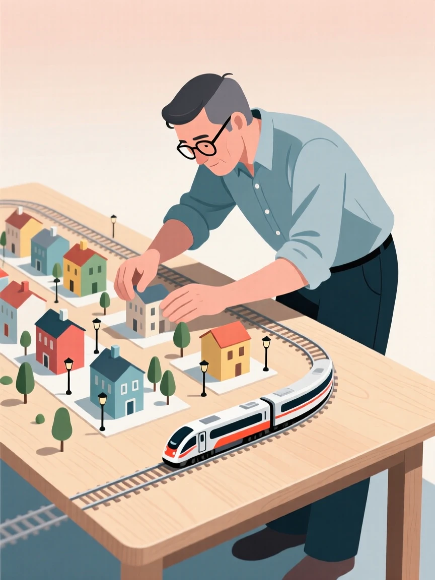 A model train enthusiast building a miniature town on a large table.