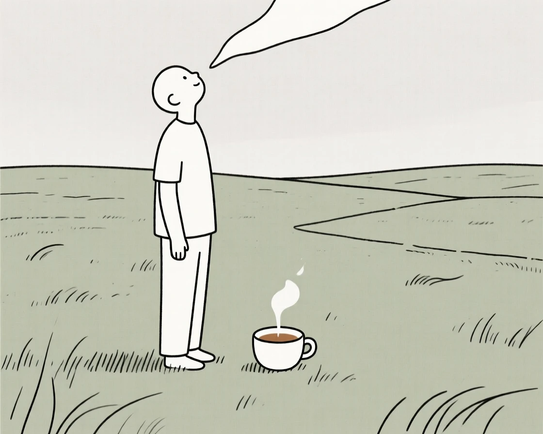A quiet moment of overwhelming joy as a dreamer gazing upward pauses in a wide open field beside a warm cup of tea.
