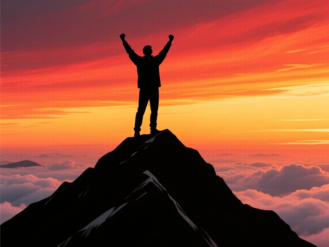 A person standing at the summit of a mountain, arms raised to a sea of clouds below.