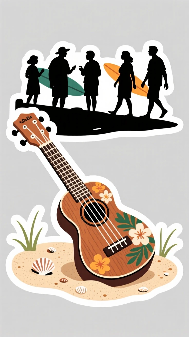 A charmingly authentic Hawaiian ukulele resting on a sandy beach, with locals going about their day, on a warm and welcoming afternoon.