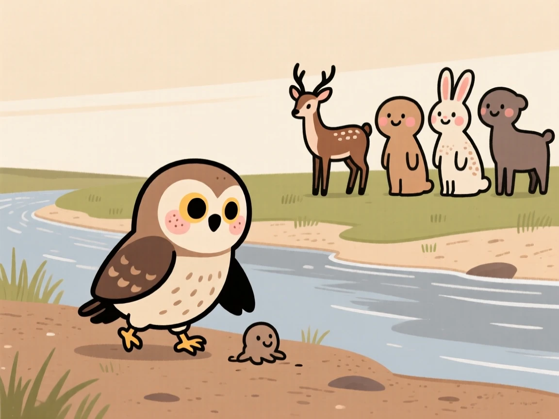 A curious owlet explores a riverbank for the first time, taking wobbly first steps while a nearby herd watches with gentle patience.
