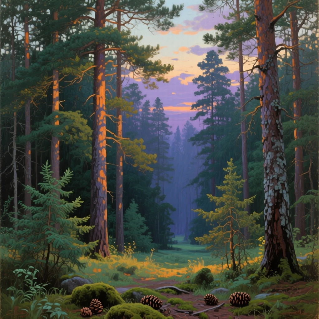 A sweeping wide shot of a dense pine forest with shafts of light breaking through the canopy, in the height of summer, at twilight.