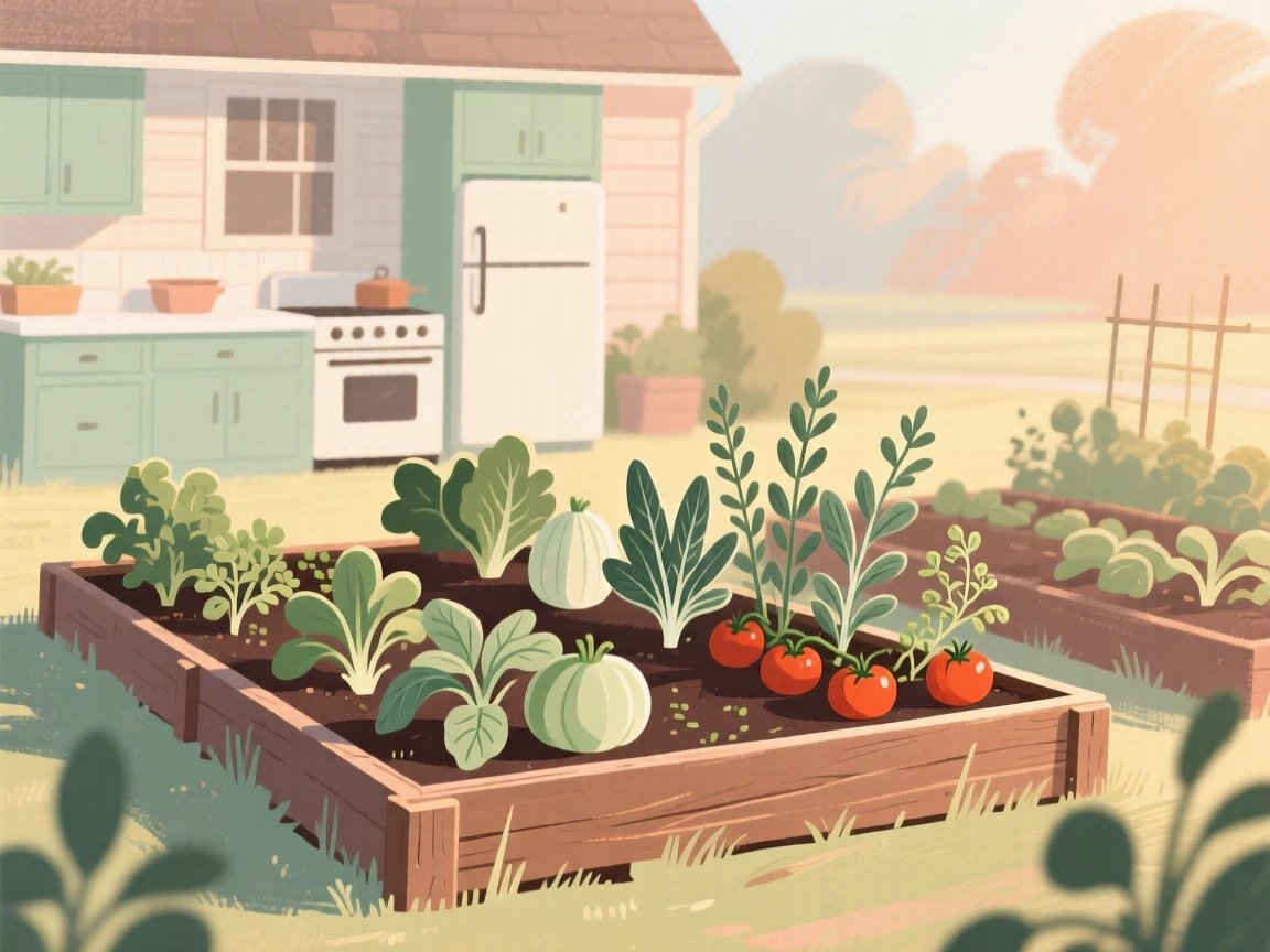 A farmhouse kitchen garden with rows of herbs and vegetables