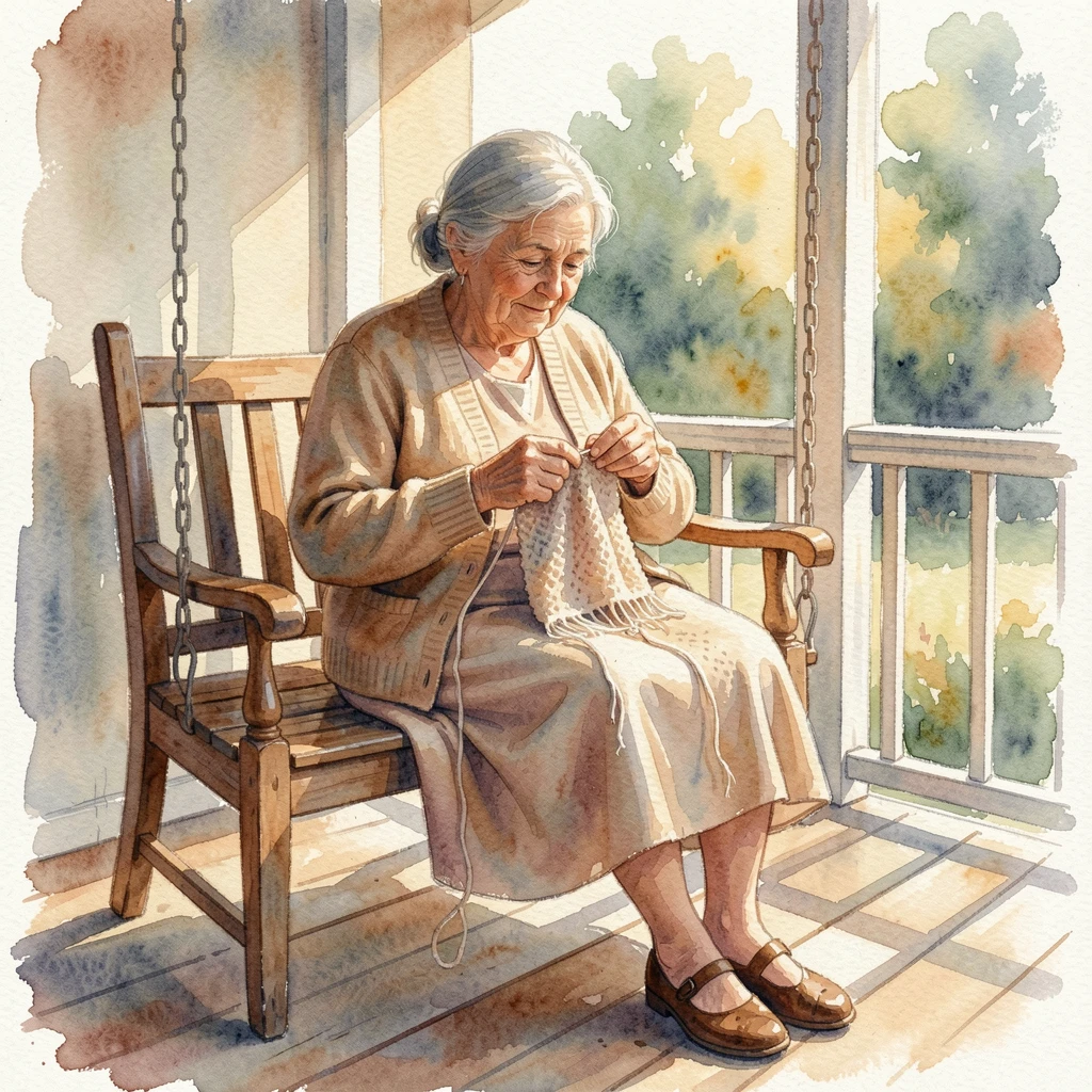 A grandmother knitting on a porch swing with gentle shadows and warm tones.