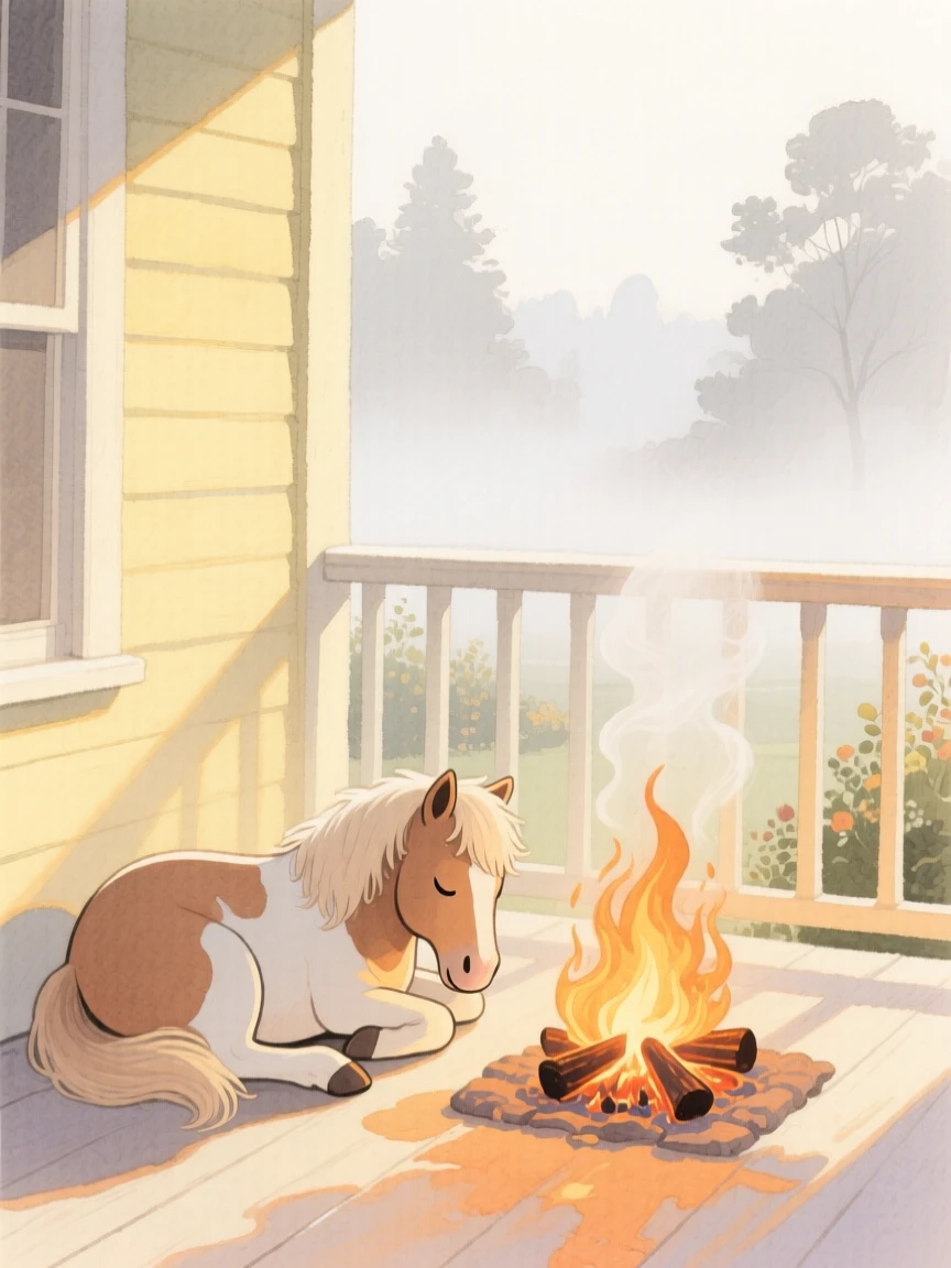 A miniature pony dozes beside a warm hearth in a sunlit cottage porch, as morning mist rises in the background