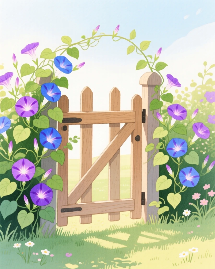 A garden gate covered in morning glories, warm and inviting on a quiet afternoon.