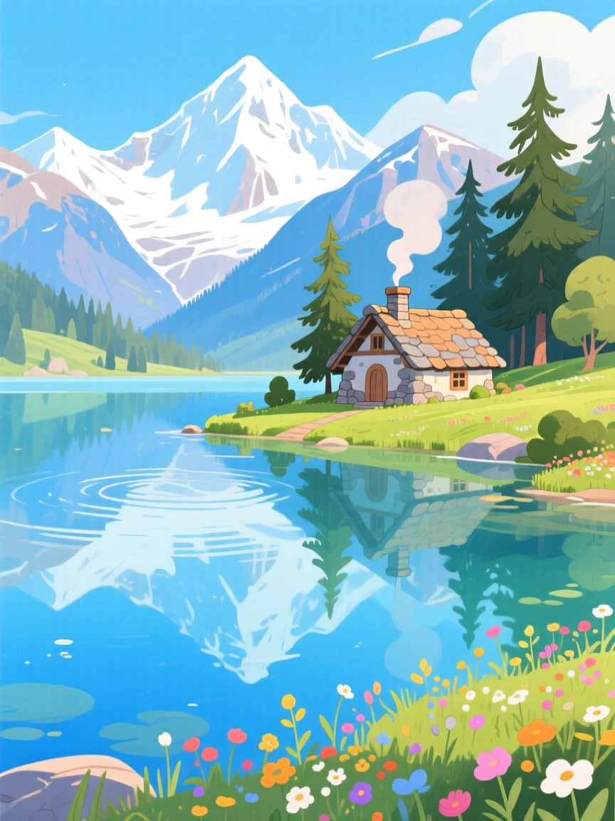 A crystal-clear alpine lake reflecting snow-capped peaks, with a small stone cottage nestled in the distance, inspiring a sense of calm and wonder.