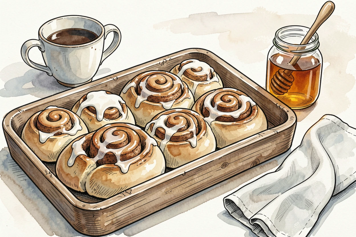 A tray of freshly baked cinnamon rolls drizzled with icing, rustic tableware adding warmth and character to the setting.