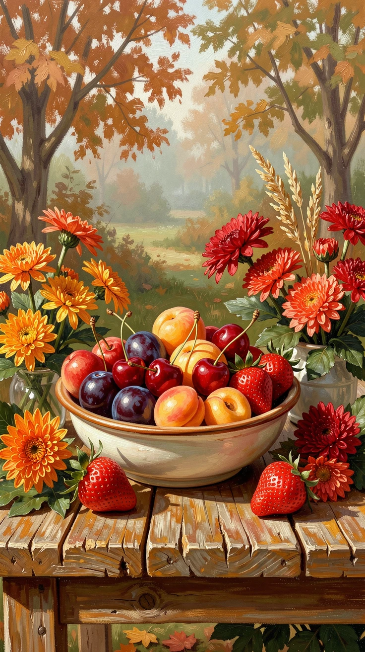 A bowl of vibrant, ripe summer fruit, on a rustic wooden table set in a garden, seasonal flowers arranged carefully alongside, on a crisp autumn day.