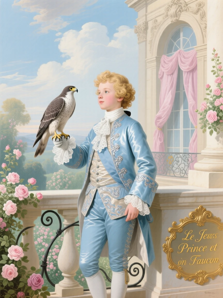 A young prince holding a falcon on a palace balcony  