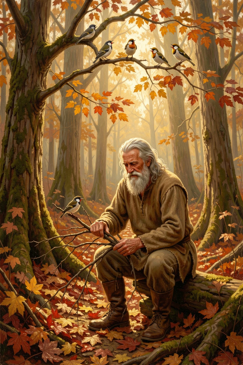 An old herbalist gathers fallen branches in a forest floor blanketed in autumn leaves while birds call from the branches.