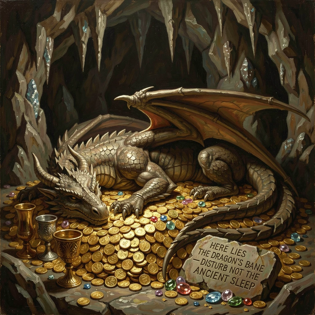 An ancient dragon sleeping atop a hoard of gold within a vast cavern, rendered with photorealistic detail to feel genuinely believable, creating a scene that feels both magical and entirely believable